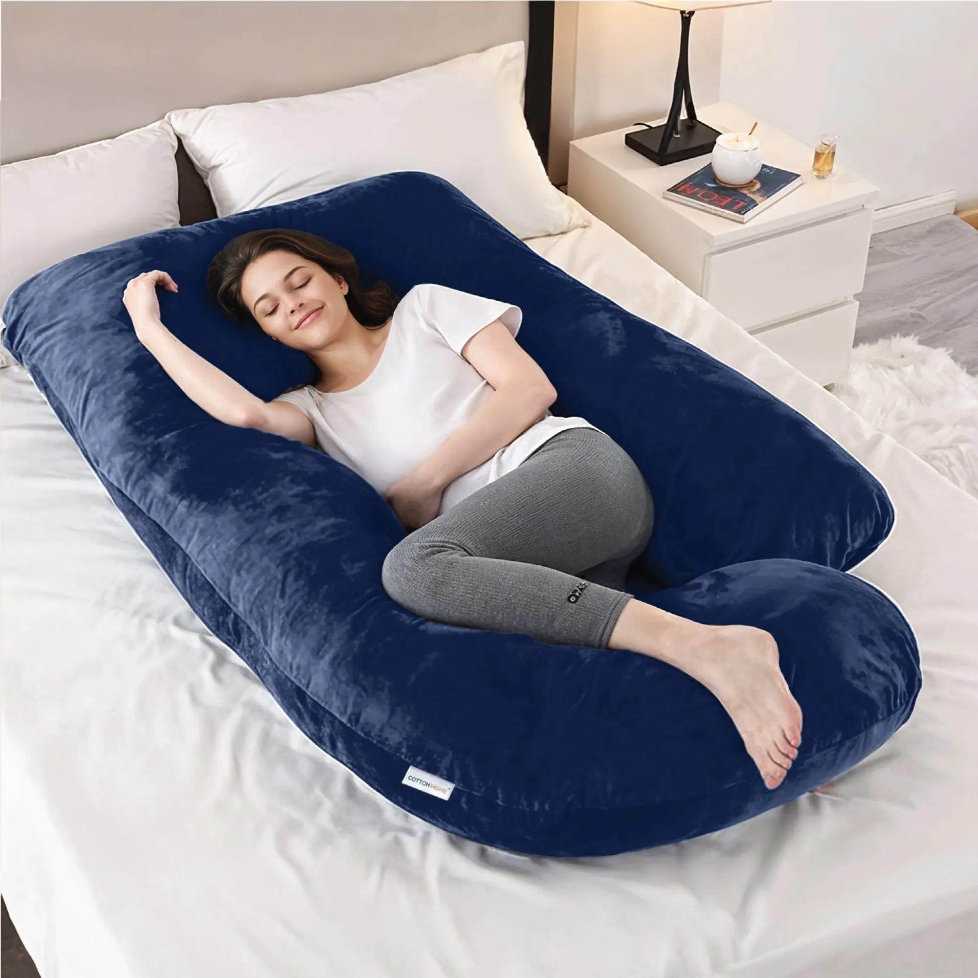 Serenity Velvet Pregnancy Pillow G-Shape Full Body Pillow  With Removable Cover Navy Blue