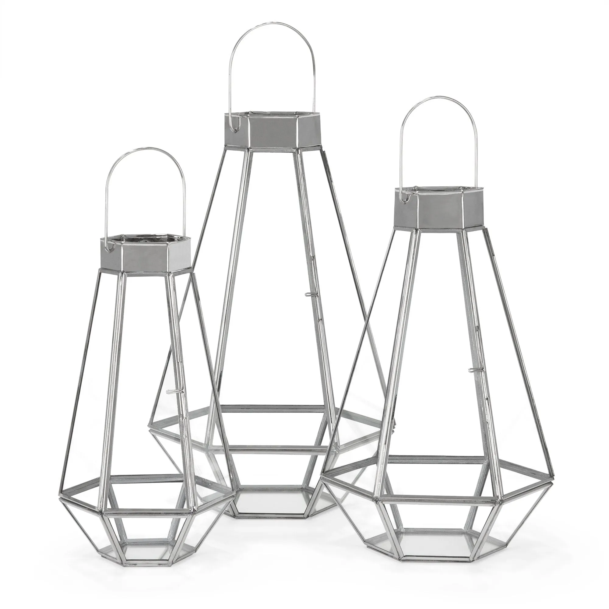 Set of 3 Decorative Metal Faceted Hurricane Candle Lantern Accents w/ Glass