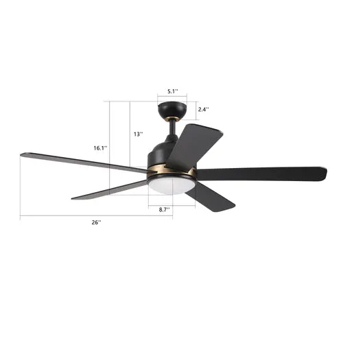 SIMOY 52" In. Black/Black (Gold Detail) 5 Blade Smart Ceiling Fan with LED Light Kit Works with LED Light Kit & Wall Switch