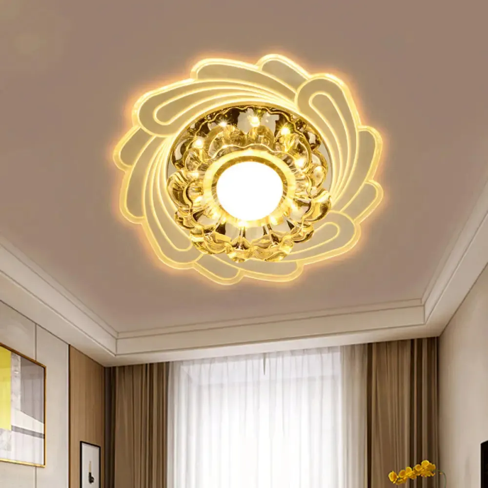 Simplicity LED Floral Crystal Ceiling Light Flush Mount with Spiral Edge, Warm/White/Multi Color Light - White Finish, Perfect for Hallways