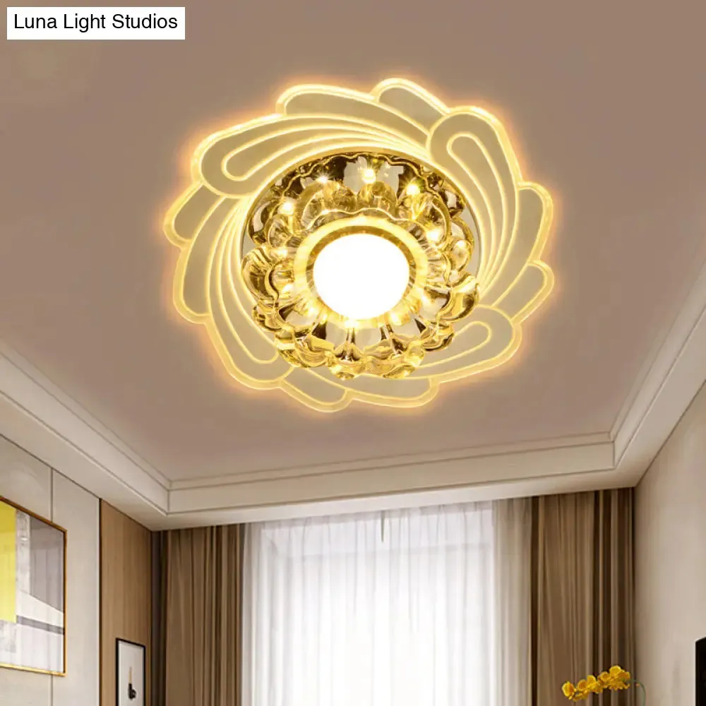 Simplicity LED Floral Crystal Ceiling Light Flush Mount with Spiral Edge, Warm/White/Multi Color Light - White Finish, Perfect for Hallways