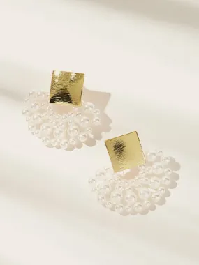 Square Decor Fan Shaped Faux Pearl Stud Earrings 1pair