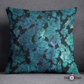 Teal Cosmic Rose Throw Pillow