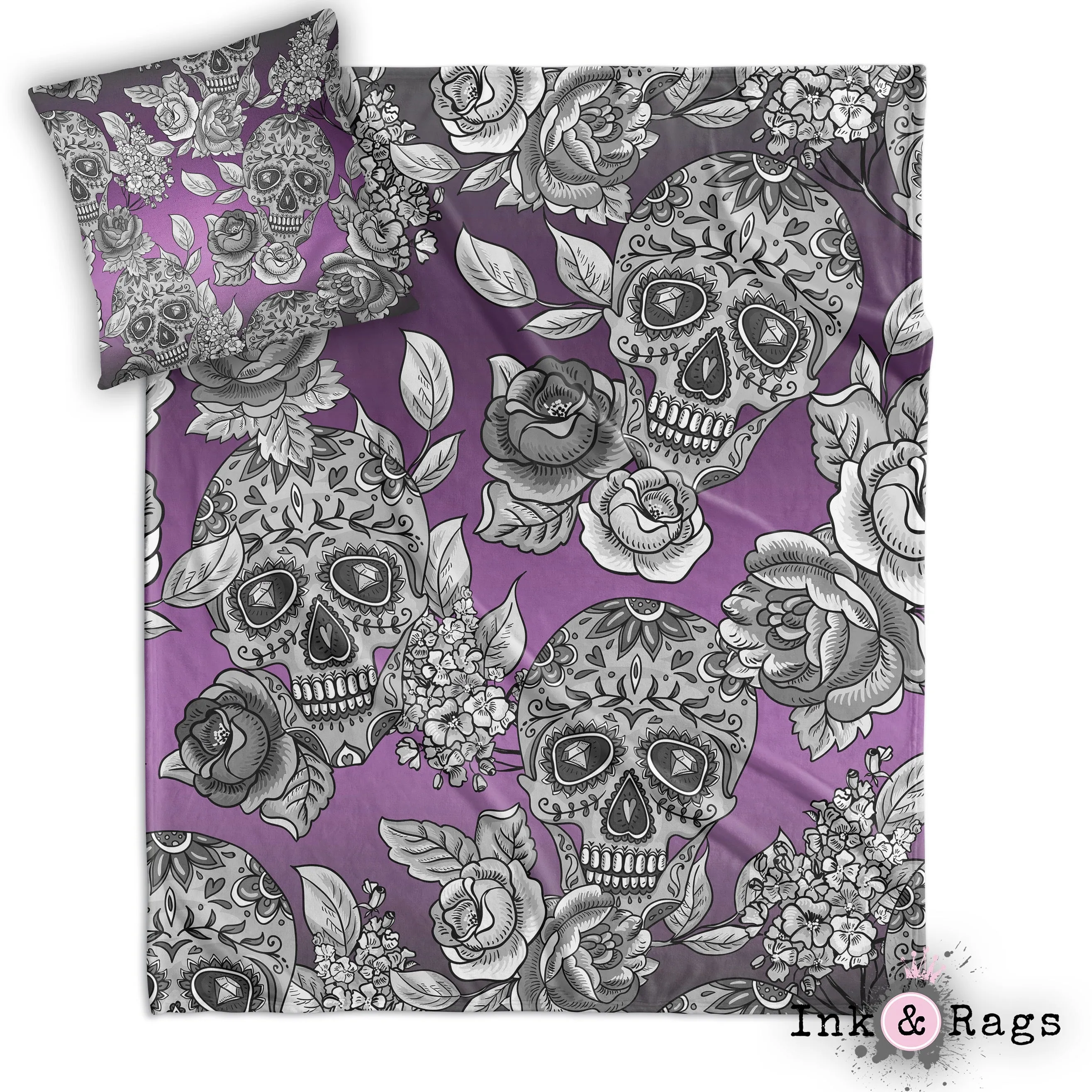 The Original Purple Ombre Sugar Skull Decorative Throw and Pillow Cover Set