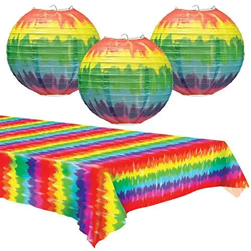 Tie Dye Paper Lanterns & Table Cover Set - Party Decorations for 60's or Hippie Theme