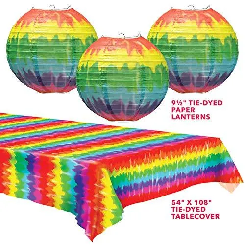 Tie Dye Paper Lanterns & Table Cover Set - Party Decorations for 60's or Hippie Theme