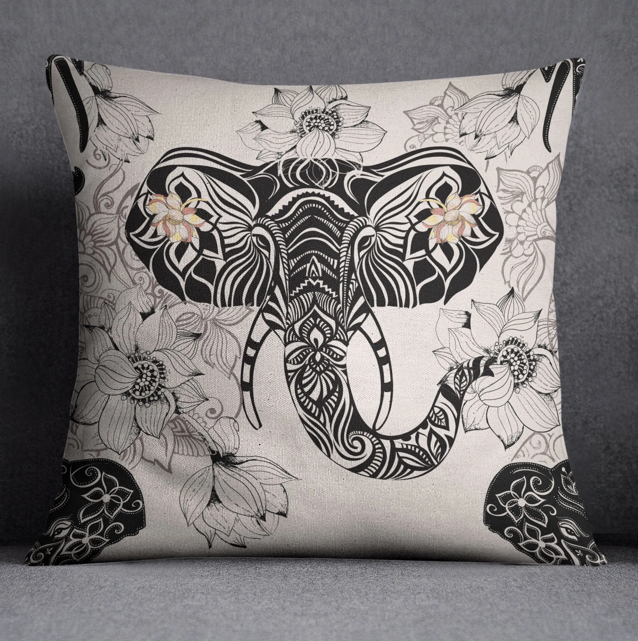 Tribal Elephant and Flower Decorative Throw and Pillow Cover Set