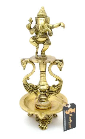 Two Moustaches Dancing Ganesha Brass Oil Diya with Base