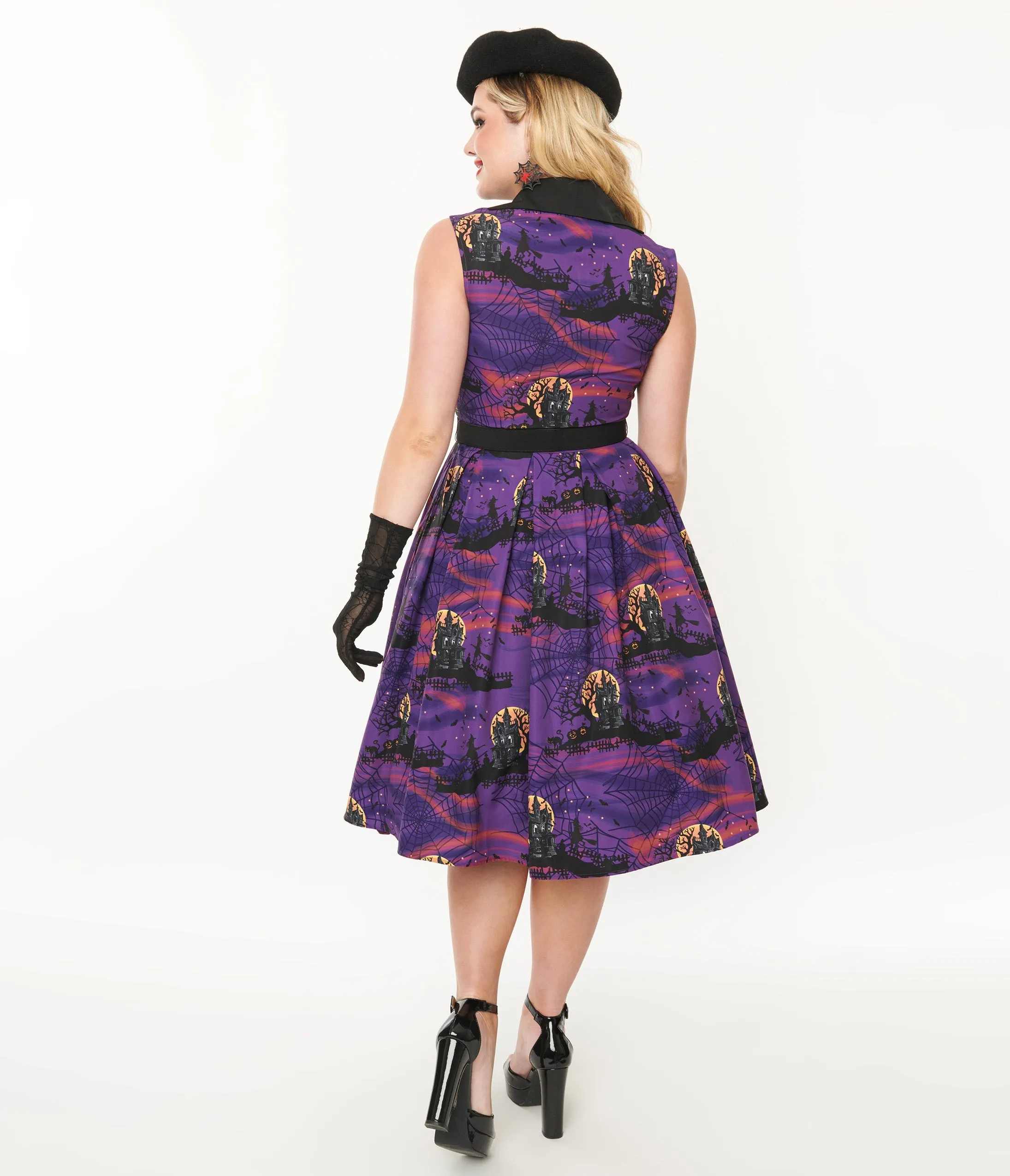 Unique Vintage 1950s Purple Halloween Print Edith Swing Dress