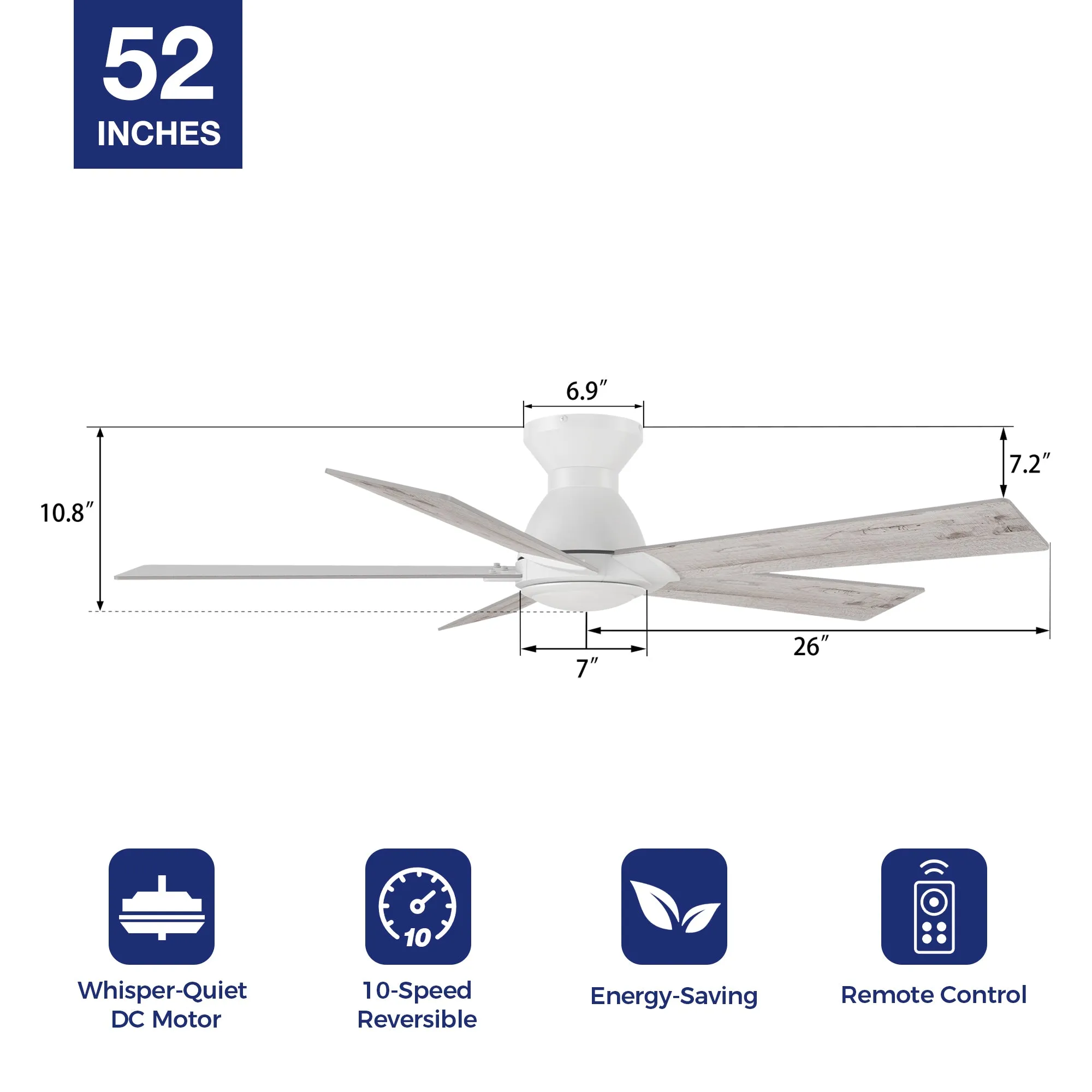 Vetric 52 inch Low Profile Ceiling Fan with Remote(No LED)