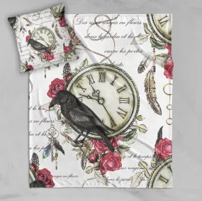 Vintage Red Rose Raven Clock Boho Feather Decorative Throw and Pillow Cover Set