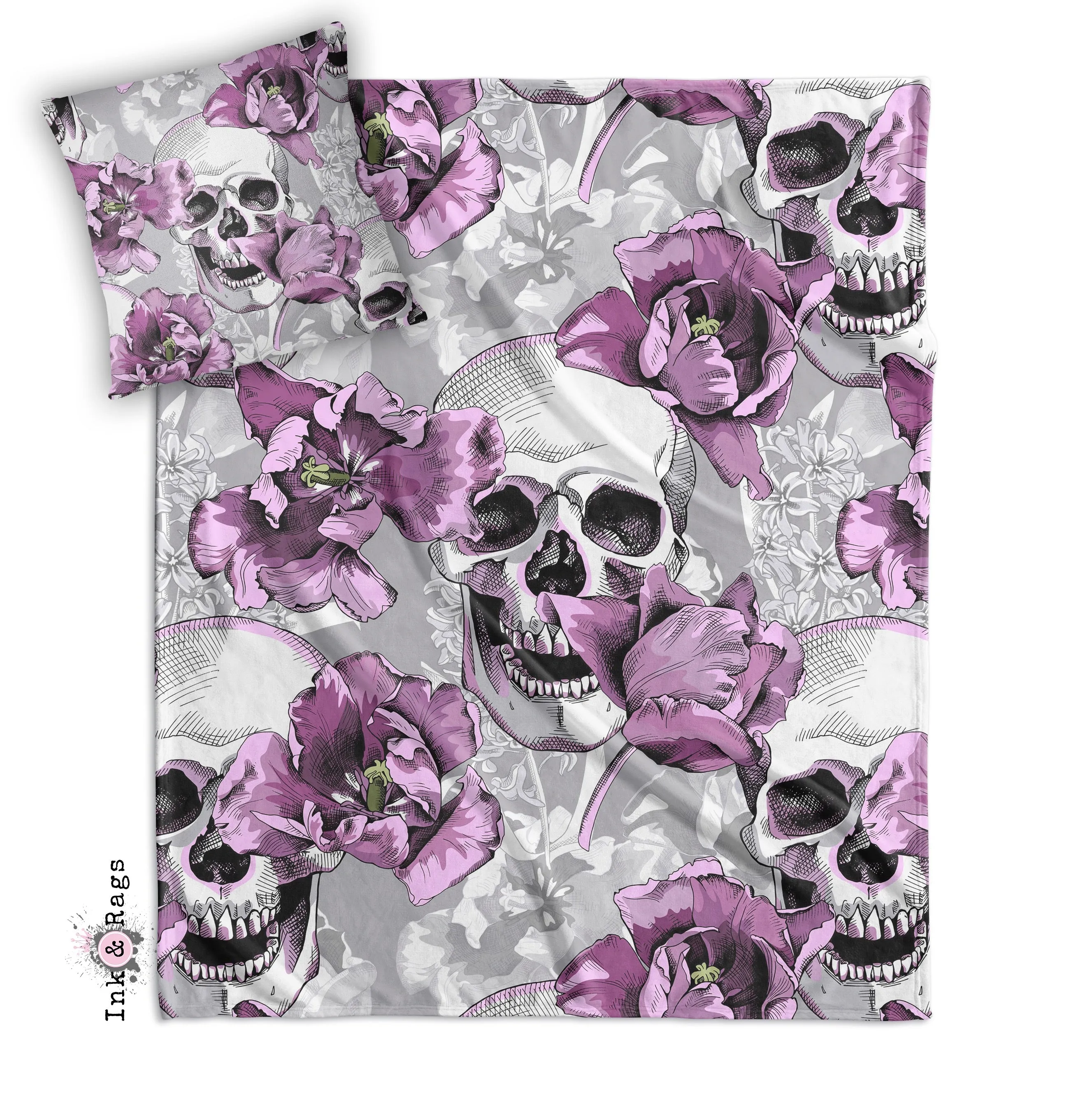 Violet and Grey Tulip and Skull Decorative Throw and Pillow Cover Set