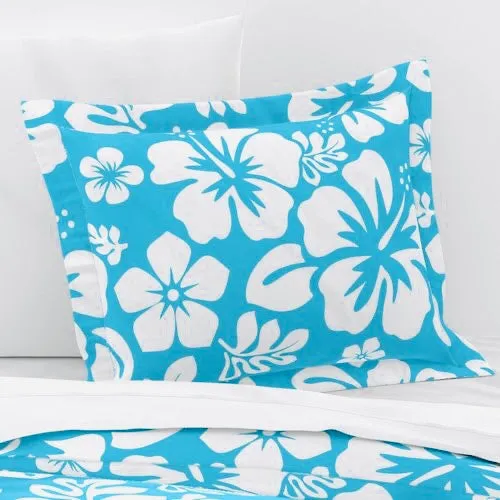 White Hawaiian Hibiscus Flowers on Aqua Ocean Blue Pillow Sham