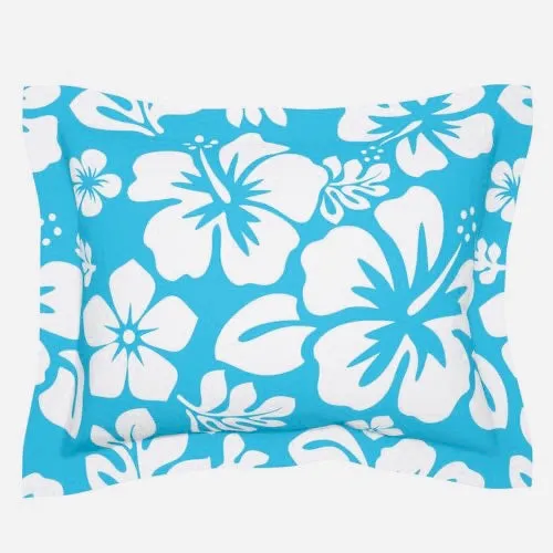 White Hawaiian Hibiscus Flowers on Aqua Ocean Blue Pillow Sham