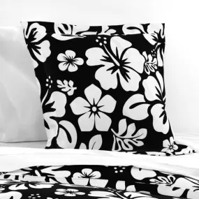 White Hawaiian Hibiscus Flowers on Black Euro Pillow Sham